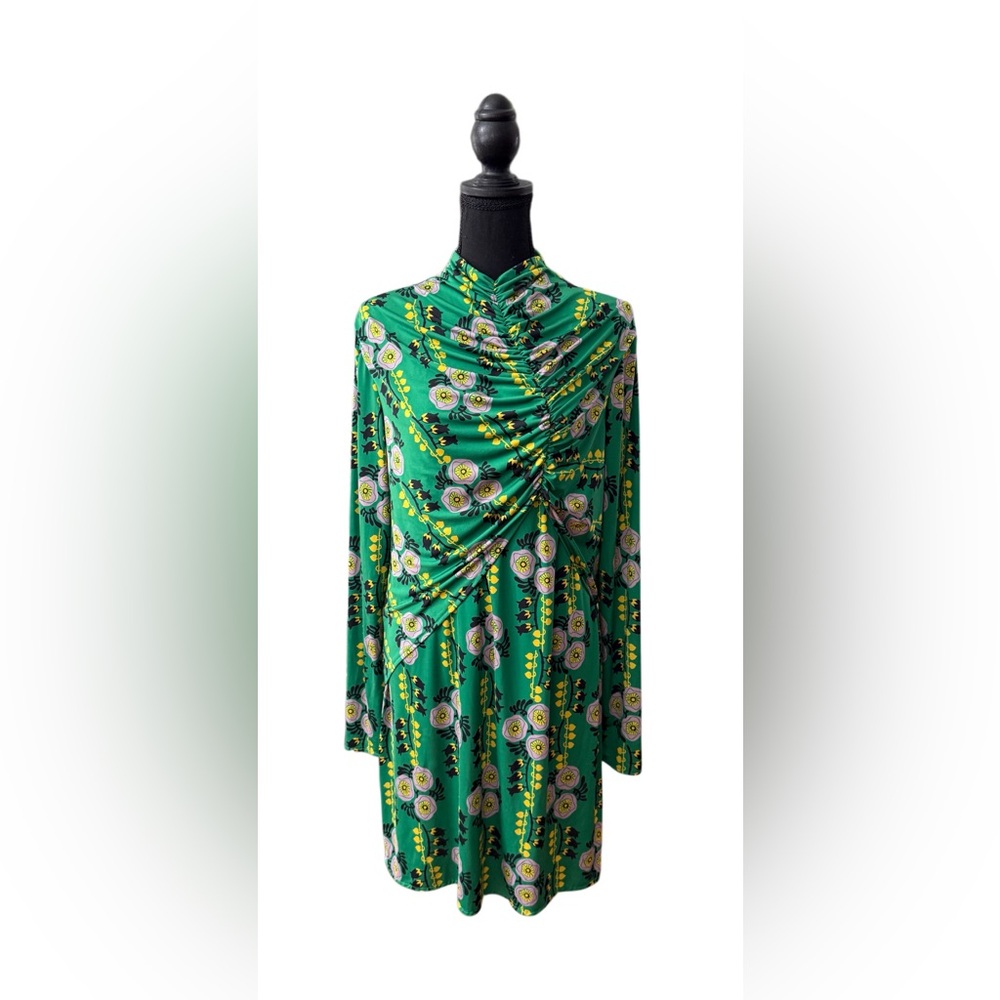 Zara Vibrant Green and Yellow Ruched Stretchy Floral Long Sleeve Dress